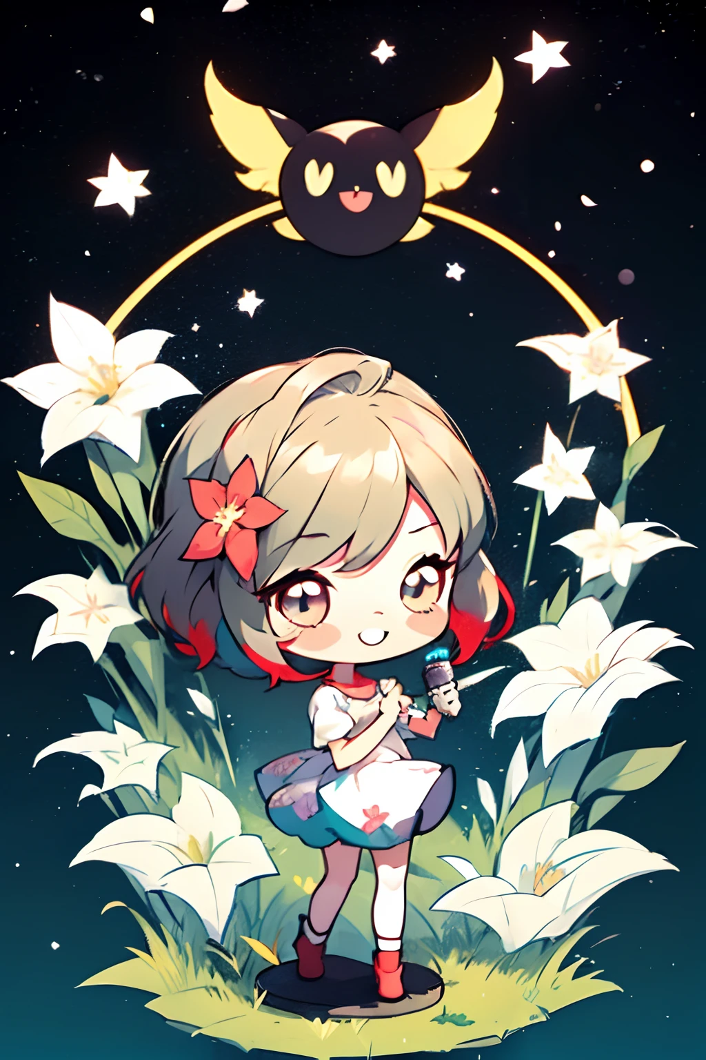 Extremely detailed,(Fractal Art:1.1),(Colorful:1.1)(Flowers:1.3)、 (Dynamic Pose), (Abstract background:1.3)、(Many colors:1.4)、Place one small doll on a circular stand、kawaii pose、A smile、A dark-haired、Chibi Doll、Stars in the eyes(kirakira)、Singing with microphone in hand、Eye Up、Laugh、Cute red shoes、Ultra Detail, radiant light、bio luminescent、Stronger bokeh effect、Taken from the side