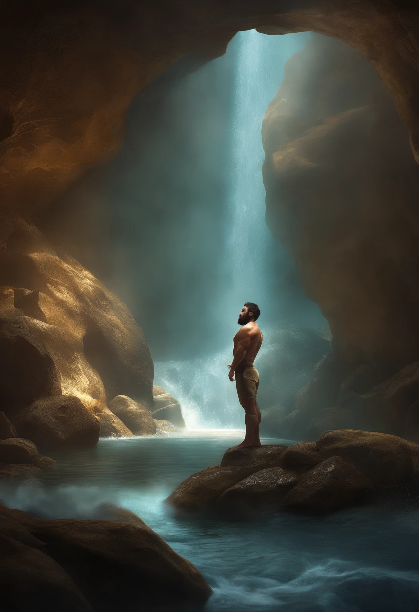 ((offcial art)), ((concept-art)), 1人,1 male human, kurzes dunkles Haar, Muscular, Splash water effect, Reflection, Cerasauro, little beard, (Hairy body:1.2), Masculinity, strength, inside a cave, masculine pose, no loincloth, eldorodo, magic, gold, plasma element, fantasy,