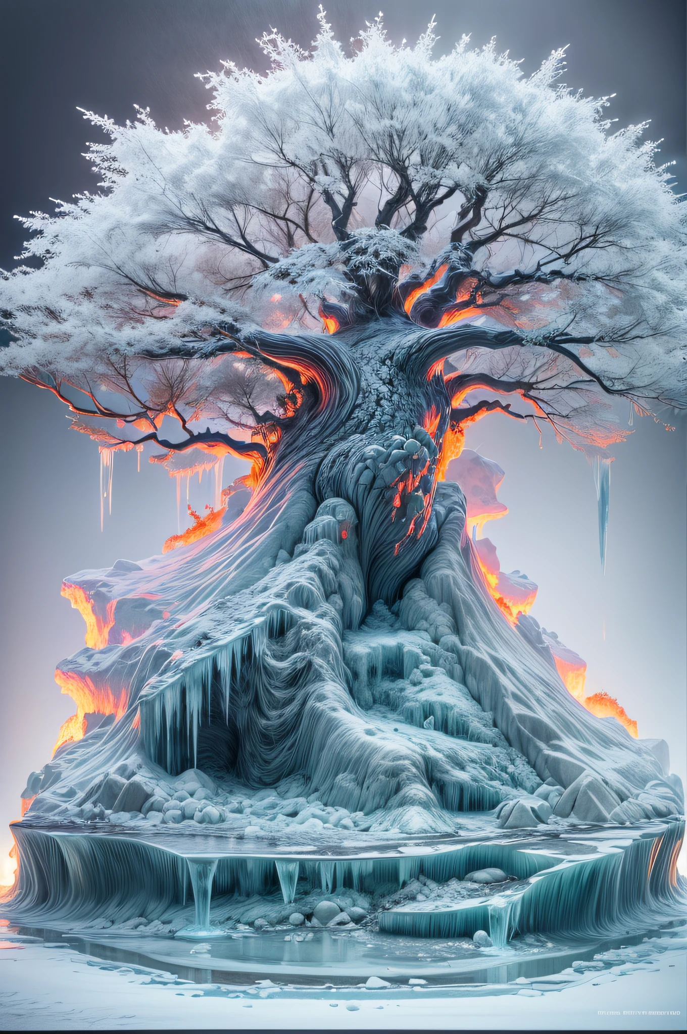 ice sculpture of a an epic tree (ice sculpture :1.5) , standing on an island surrounded by a stream of (lava: 1.2), best quality, 16k, [ultra detailed], masterpiece, best quality, (ultra detailed), full body, ultra wide shot, photorealistic