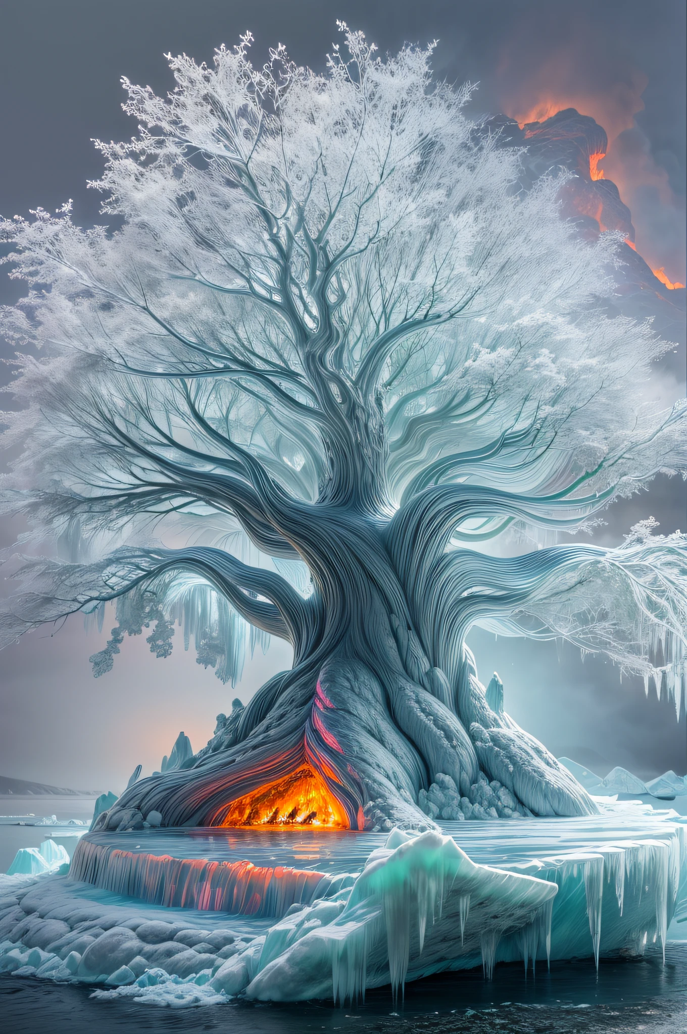 ice sculpture of a an epic tree (ice sculpture :1.5) , standing on an island surrounded by a stream of (lava: 1.2), best quality, 16k, [ultra detailed], masterpiece, best quality, (ultra detailed), full body, ultra wide shot, photorealistic