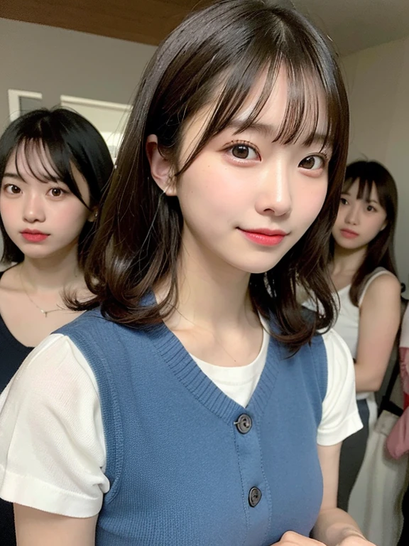 Group photo of three close friends, portrait of a japanese ,(Best Quality,4K,8K,hight resolution,masutepiece:1.2),Ultra-detailed,(Realistic,Photorealistic,Photorealsitic:1.37),cute-style,dian,Dribbling High Detail 8K,Studio Lighting - V 6, Random cute pleated skirt,Randomly cute clothes, Random Faces, Random curly hair, bangss, bare-legged