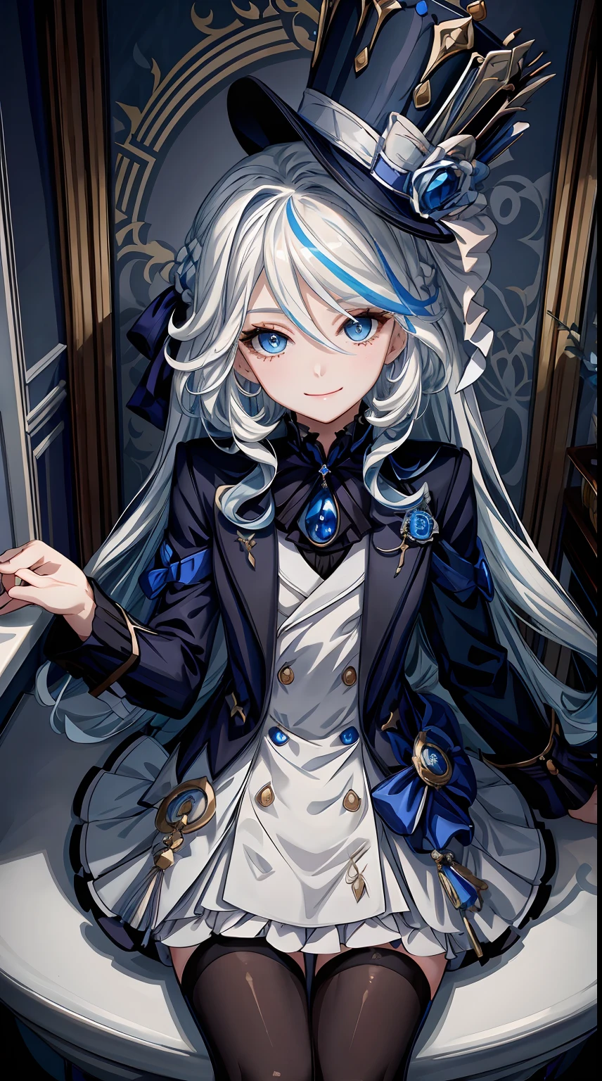 masterpiece, best quality, Cute, smile, cool,insanely detailed eyes, ultra-detailed, finely detail, long hair, looking at viewer, beautiful background, ultra-detailed, highres,beautiful detailed eyes, 1girl, age, high quality, , indoor, toilet, sitting ,cinematic view, depth of field, expressive eyes, wide angle, furina, white hair, streaked hair, blue hair, blue eyes, top hat,
