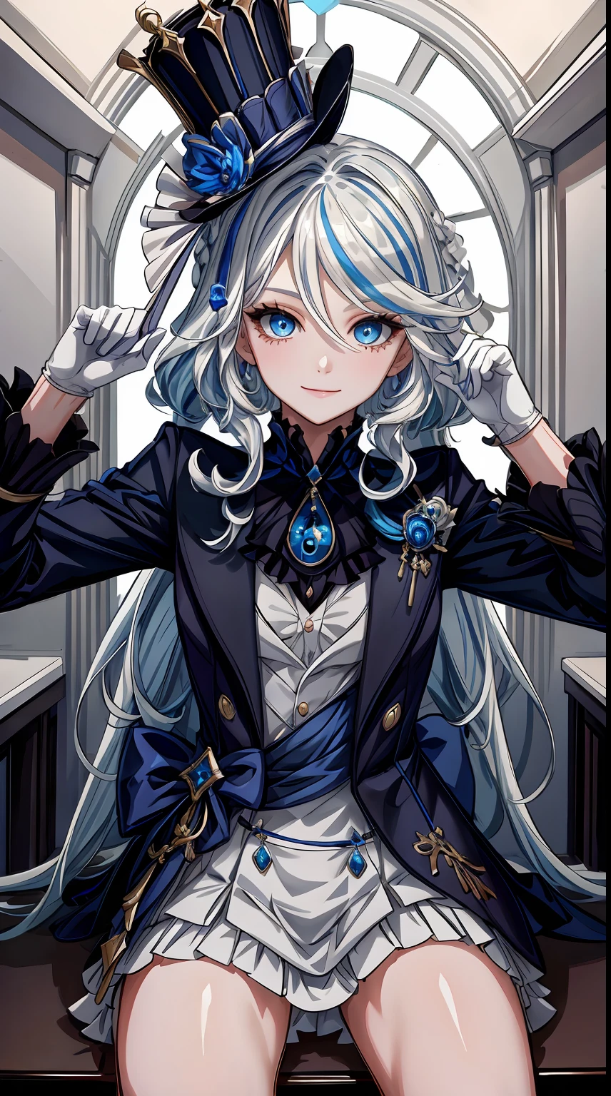 masterpiece, best quality, Cute, smile, cool,insanely detailed eyes, ultra-detailed, finely detail, long hair, looking at viewer, beautiful background, ultra-detailed, highres,beautiful detailed eyes, 1girl, teenage, high quality, , indoor, toilet, sitting ,cinematic view, depth of field, expressive eyes, wide angle, furina, white hair, streaked hair, blue hair, blue eyes, top hat,