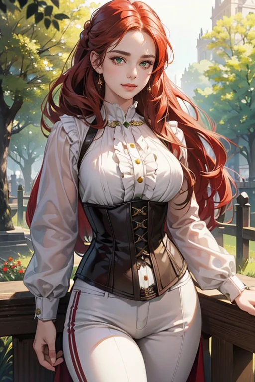 (tmasterpiece,high resolution,ultra - detailed:1.0),1 girl,(adult female), eyes looking to camera,lean female body, Delicate eyes and delicate face,Extremely detailed CG,Unity 8k wallpaper,Complicated details, solo person, Detailed face, (white blouse, brown leather pants, brown corset), victorian town, out door, flowers and trees,color difference, Depth of field,dramatic shadow, Ray tracing, Best quality, Cinematic lighting, official art, sharp green eyes, very long flowing red hair tied into half up-do, smiling at the viewer, plump juicy lips,