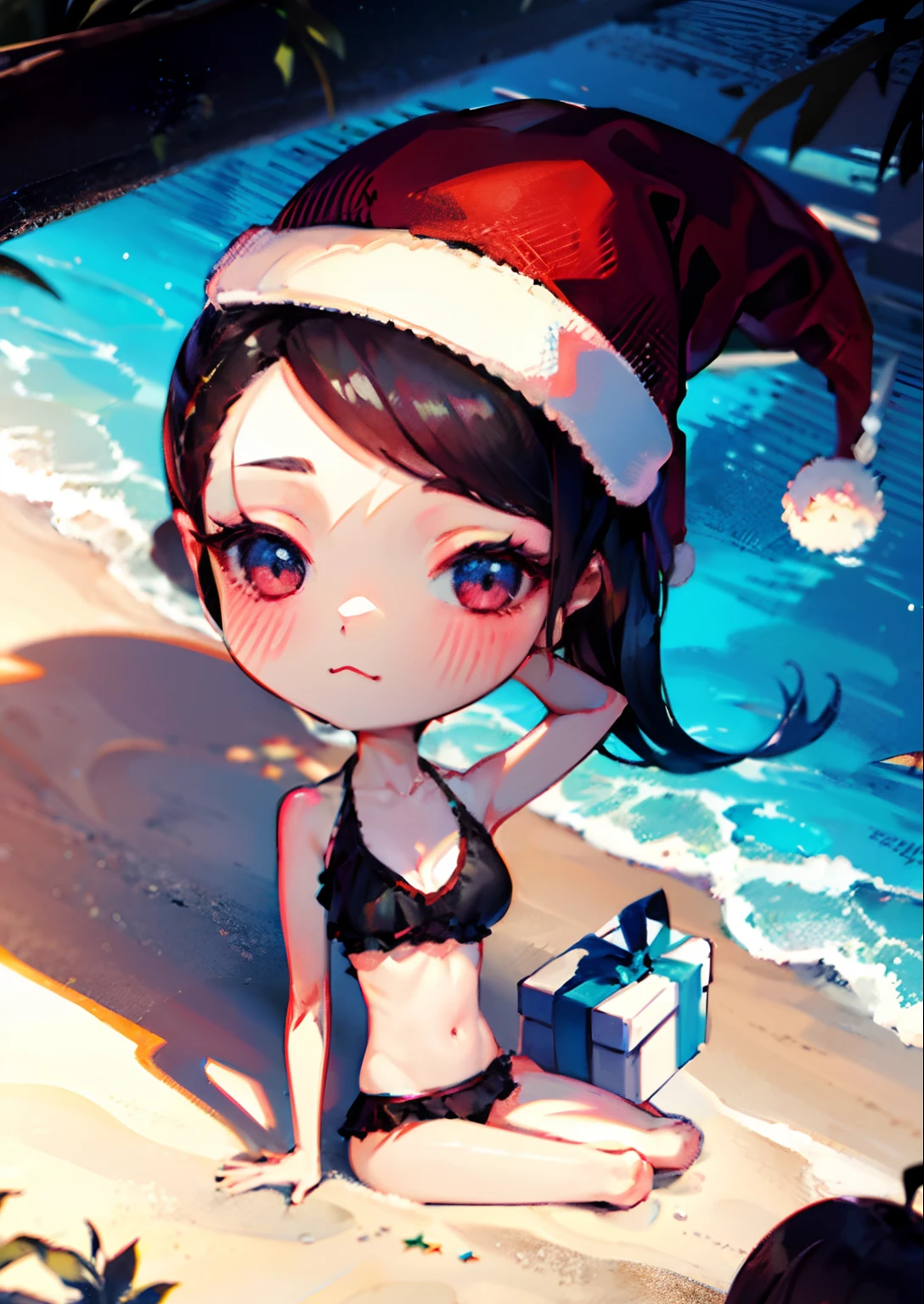 Cartoon girl in Santa hat sitting on the beach with palm trees, Chibi, Petite girl, Wearing a Santa Hat, attire: bikini of, Christmas, Lori, cartoonish cute, sakimichan, ruan cute vtuber, bikini of, 2 D CG, Cute Girl, Wearing a Santa Hat, Cutie, cute cartoon, Cute Woman, Swimsuit, Beach, profile photo