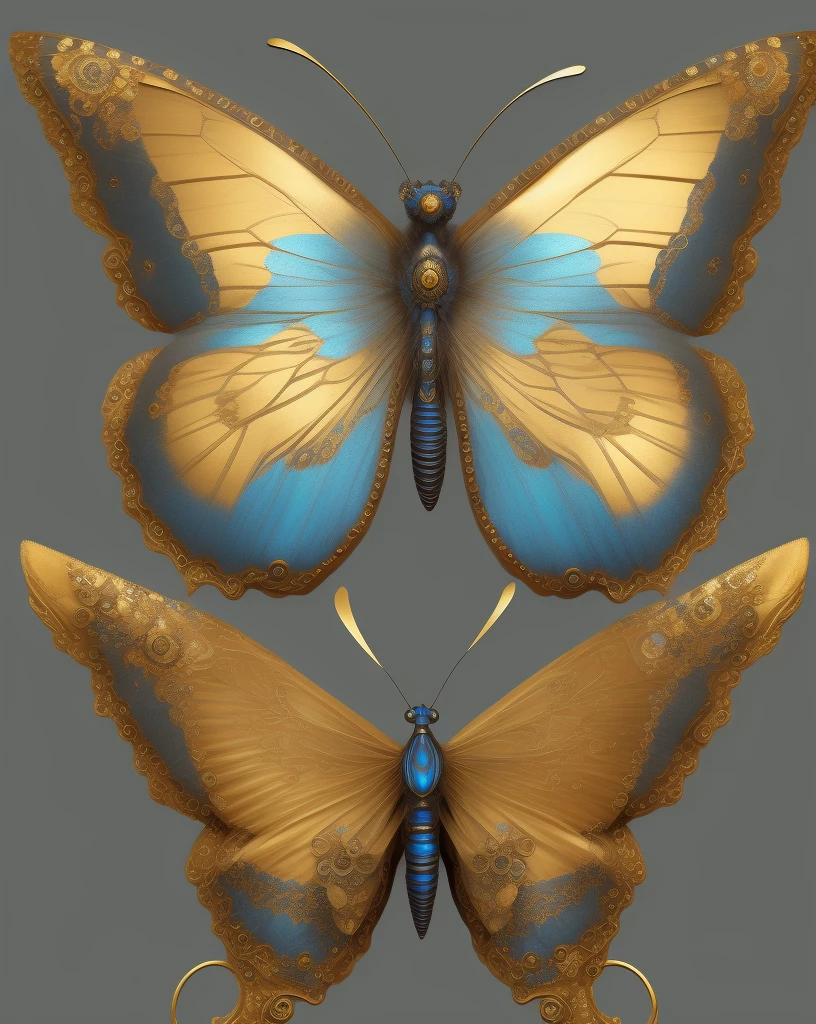 Close up of butterfly with gold and blue wings, steampunk butterfly, harmony of butterfly, exquisite and handsome wings, Butterfly, mechanical butterfly, exquisitely ornate, elegant and ornate, photo of a mechanical butterfly, ultra intricate, Beautiful symmetry, intricately detailed background, Beautiful symmetry, Symmetrical wings, Magnificent Art, symetrical wings, Detailed digital art
