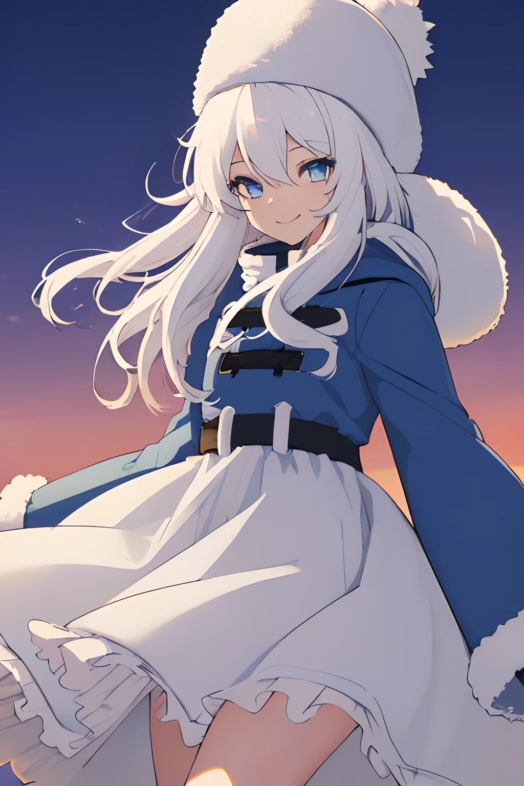 Chica anime, ((Masterpiece), (Best Quality)), ((((solo)))), fullbody, ((((white hair)))), long hair, ((((blue fluffy hat)))), ((((blue eyes)))), smile, 18yo, (((fluffy coat))),  Hip Length, sleeves_past_wrists, thigh-high socks, sunset, on the new york, winter