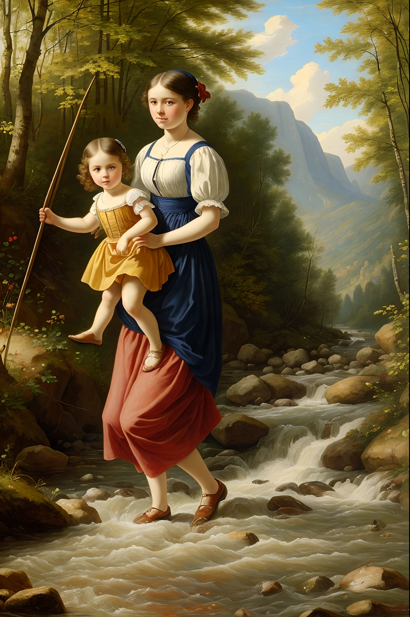 a beautiful girl carries her little sister behind her back through a mountain stream wading, a basket with ripe strawberries on her arm, hot sunny day, 19th century (by Anton Dieffenbach), fresh oil palette canvas/acrylic, intricate, extreme detail, complex key, ((single shot)), ((best quality)), ((masterpiece)), ((realistic)), 8k