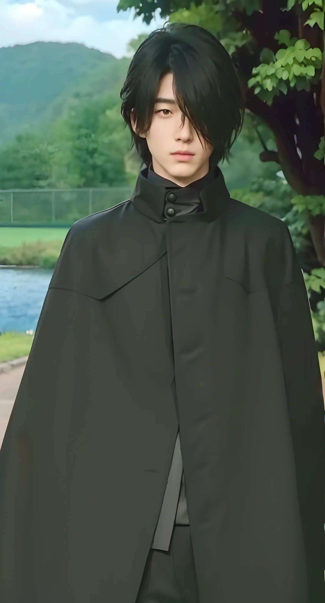 Real life adaption of this character, handsome,realistic same hair, (realistic same outfit wear realistic black coat), realistic same background , realistic light, realistic shadow, realism, hyper realistic,(photorealistic:1.2)