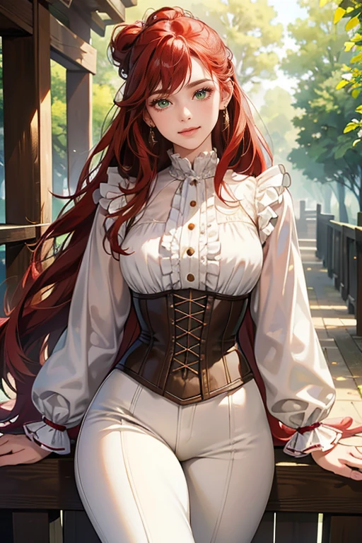 (tmasterpiece,high resolution,ultra - detailed:1.0),1 girl,(teenage female), eyes looking to camera,lean female body, Delicate eyes and delicate face,Extremely detailed CG,Unity 8k wallpaper,Complicated details, solo person, Detailed face, (white blouse, brown leather pants, brown corset), victorian era town background, out door, flowers and trees, color difference, Depth of field,dramatic shadow, Ray tracing, Best quality, Cinematic lighting, official art, sharp green eyes, very long flowing red hair tied into half up-do, smiling at the viewer, plump juicy lips,
