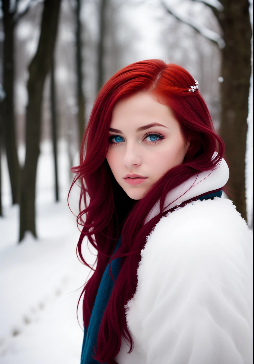 Stil, ModelShoot-Stil, Average color photo of a red-haired girl in the snow, blaue Augen,natural red hair,Sexy,lange Beine,superSexy Pose,Sex