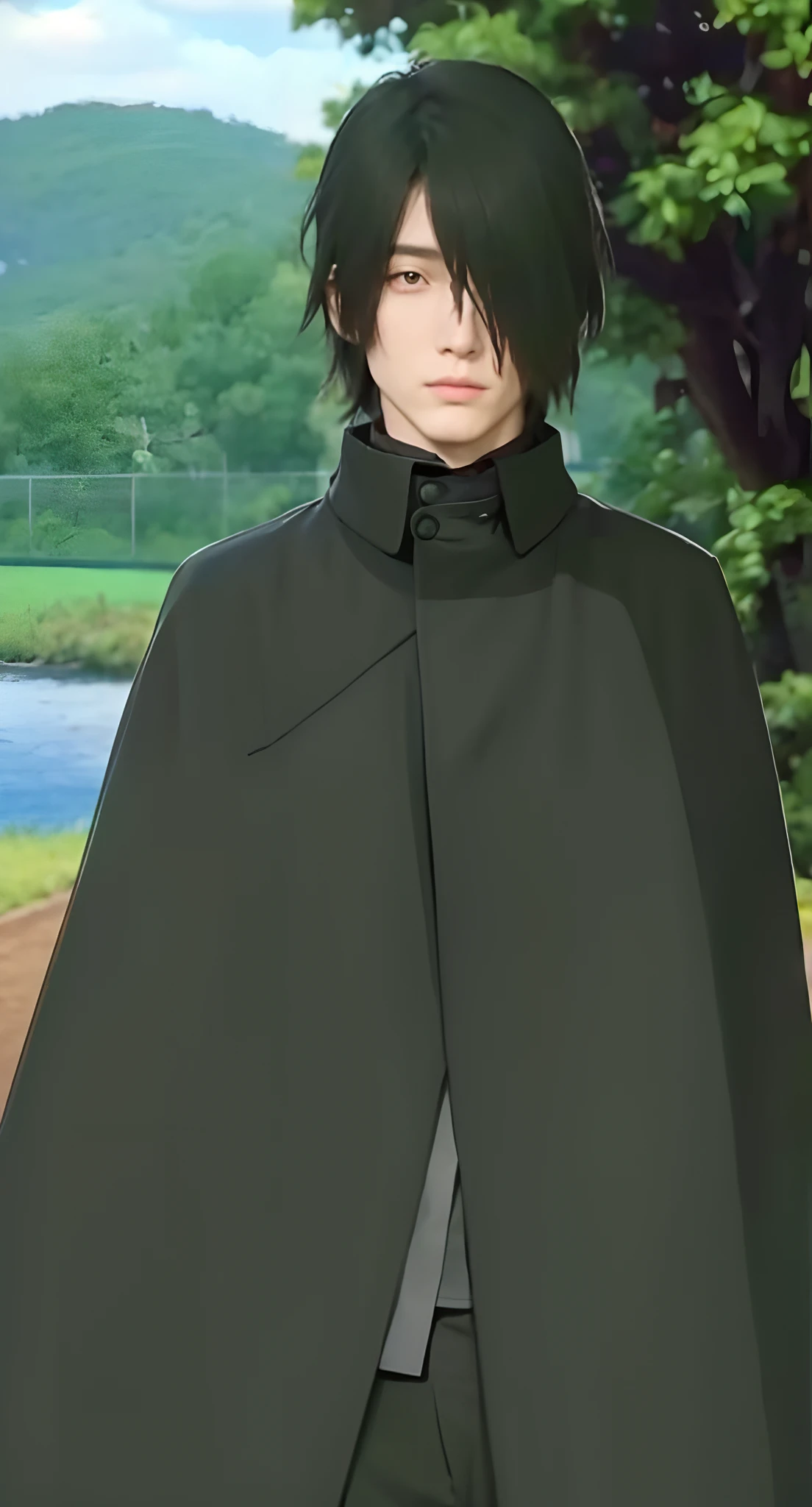 Real life adaption of this character, handsome,realistic same hair, (realistic same outfit wear realistic black coat), realistic same background , realistic light, realistic shadow, realism, hyper realistic,(photorealistic:1.2)