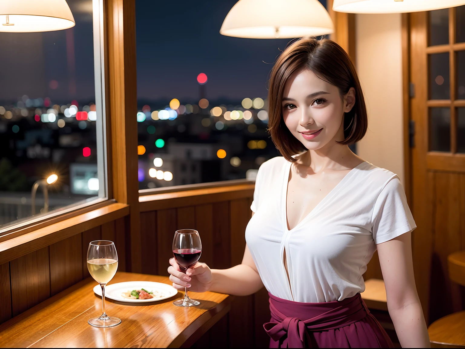 (64K, UHD, top quality, masterpiece: 1.2), (realistic, photorealistic: 1.37), super detailed, pretty woman 1 person, (slim face), (slim body), (brown hair), (short cut), cheeks slightly blushing, (41 years old), 38 years old, solo, outside the window is a beautiful detailed urban night view, restaurant, wine glasses sit, at night, in a prominent place (from the waist up) NovaFrogStyle, Actress, Model, Waist Up, White Wine, Slim, Wine Glass, Super Clean Night View, Wine Glass Put in the Middle, Happy Smile, (Smile: 1.15), Beautiful Fine Eyes, Upper Body, Bust Japan Up, Night, Short, Short, Actress, Model, Waist Up, White Wine, Slim, Wine Glass, Super Clean Night View, Wine Glass Put in the Middle, Happy Smile,