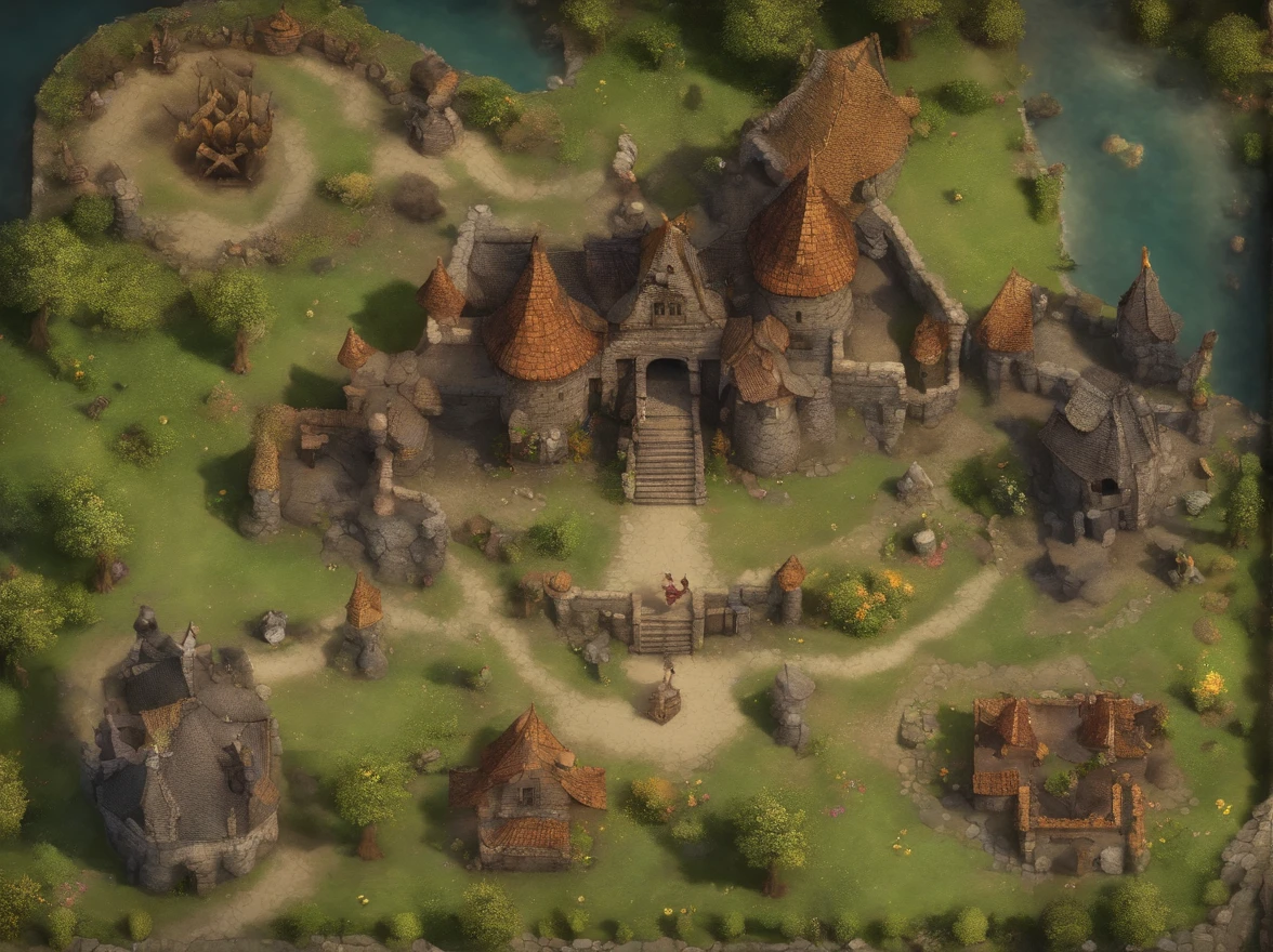 A direct top-down aerial view from a drone, Battle map of the underground science prison, (Great roots of black magic sprout from the west:1.2), (Black necrotic magic in the air:1.2), fires, Ice and thunder, dungeons and dragons, Final Fantasy, art for the game, (Coherent architecture and interior design, With realistic proportions and textures, intricately details, handpainted, vibration, Cinematic lighting, tmasterpiece, 8K:1.2)