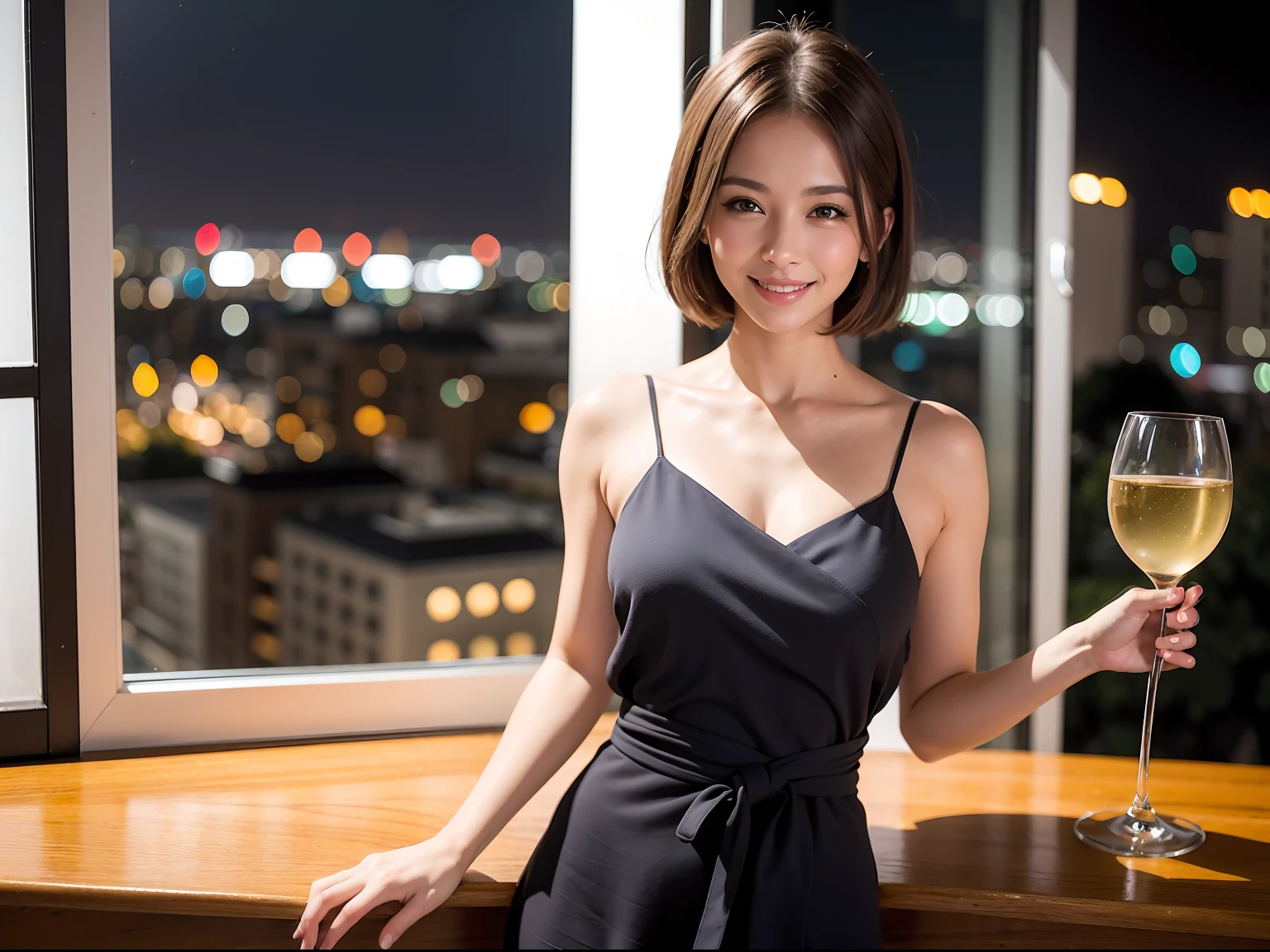(64K, UHD, top quality, masterpiece: 1.2), (realistic, photorealistic: 1.37), super detailed, pretty woman 1 person, (slim face), (slim body), (brown hair), (short cut), cheeks slightly blushing, (41 years old), 38 years old, solo, outside the window is a beautiful detailed urban night view, restaurant, wine glasses sit, at night, in a prominent place (from the waist up) NovaFrogStyle, Actress, Model, Waist Up, White Wine, Slim, Wine Glass, Super Clean Night View, Wine Glass Put in the Middle, Happy Smile, (Smile: 1.15), Beautiful Fine Eyes, Upper Body, Bust Japan Up, Night, Short, Short, Actress, Model, Waist Up, White Wine, Slim, Wine Glass, Super Clean Night View, Wine Glass Put in the Middle, Happy Smile,