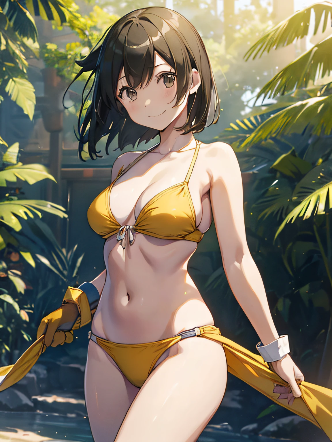 (masutepiece, Best Quality:1.2), Cowboy Shot, Solo, 1girl in, Hiryū, Smile, Looking at Viewer, Yellow Bikini、One side up, , partially fingerless gloves、The background is professional wrestling、Facing the front