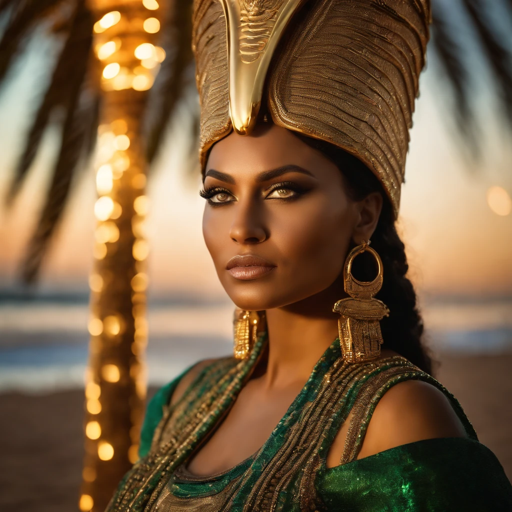 best quality, portrait of a beautiful, curvy woman with green eyes, in futuristic headdress inspired by an ancient egypt king and Cleopatra, Tutankhamun, normal skintype, snake, gold, silver, stones, scarab beetle, microchips, integrated electric circuits, cabels, electric glow, retro futurism, beach in sunset, warm glowing sunset, palm trees, mecha-girl, human machine integration, long skirt in gold, in her hand she is holding a golden spire, posing by a palm tree