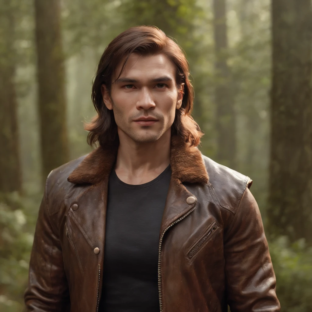 (professional 3d render:1.3) af (Realistic:1.3) most beautiful artwork photo in the world，Features soft and shiny male heroes, ((Epic hero fantasy conan savage muscular man rough wet hero focus on expression with long hair short beard and dynamic pose, Fantastic location, Majestic surroundings)), full body 8k unity render, action  shot, skin pore,Maximum clarity and sharpness, lighting, heavyshading, Detailed, Detailed face, (vibrant, photograph realistic, Realistic, Dramatic, Sharp focus, 8K), (Epic old leather jacket damaged by weathering:1.4), ((((Wear fur)))), (Intricate:1.4), decadent, (Highly detailed:1.4), Digital painting, rendering by octane, art  stations, concept-art, smooth, Sharp focus, illustration, Art germ, (loish:0.23), wlop ilya kuvshinov, and greg rutkowski and alphonse mucha gracias, (Global illumination, Studio light, volumettic light), heavy rain, particles floating, lotr, fantasy, full bodyesbian, ((Ancient city background in the forest:1.3)),CGSesociety,art  stations