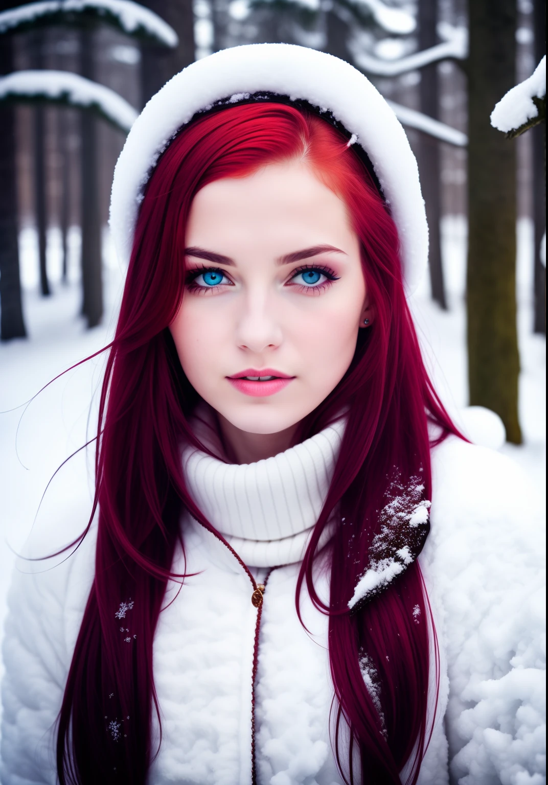 Stil, ModelShoot-Stil, Average color photo of a red-haired girl in the snow, blaue Augen,natural red hair,sexy,lange Beine,supersexy Pose,sex