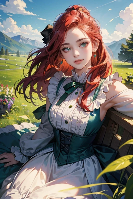 (tmasterpiece,high resolution，ultra - detailed:1.0),1 girl,(teenage female), eyes looking to camera,lean female body, Delicate eyes and delicate face,Extremely detailed CG,Unity 8k wallpaper,Complicated details, solo person, Detailed face, (simple victorian dress), mountains background, beautiful blue sky with clouds, outdoor, meadow, forest, flowers and trees, color difference, Depth of field,dramatic shadow, Ray tracing, Best quality, Cinematic lighting, official art, sharp green eyes, very long flowing red hair tied into half up-do, smiling at the viewer, plump juicy lips,