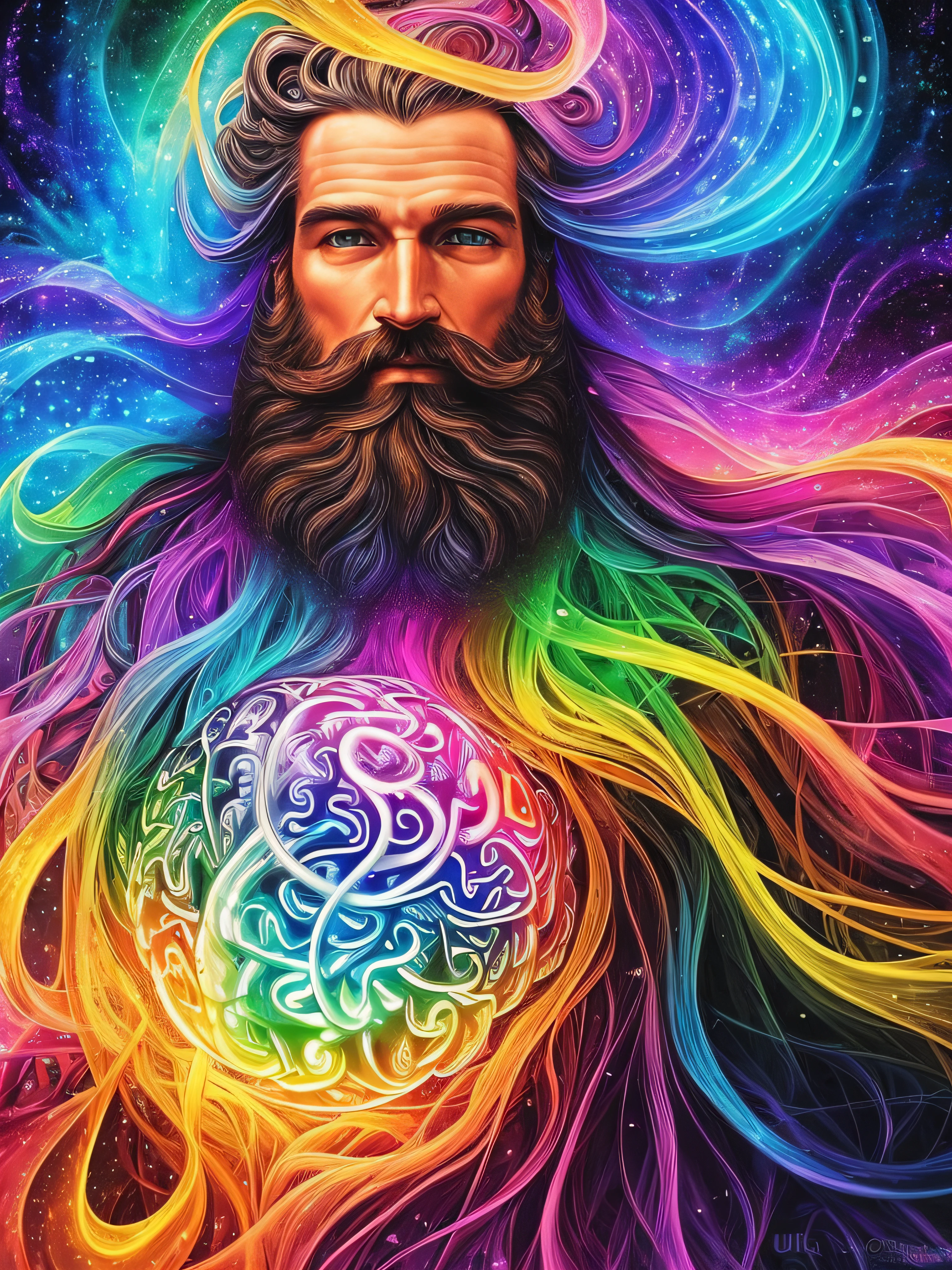 (Best Quality, Ultra-detailed, Realistic:1.37), colorful telepathic brain waves, man with beard, open eyes, Bright Energy, Flowing in the air, complex neural structures, glowing brain, Vivid colors, Ethereal light, Mesmerizing colors, intricate details, harmonious composition, mind reading, A Mysterious Connection, psychic vibrations, Shimmering aura, A Spiritual Journey, Transcendental Experience, Vivid imagination