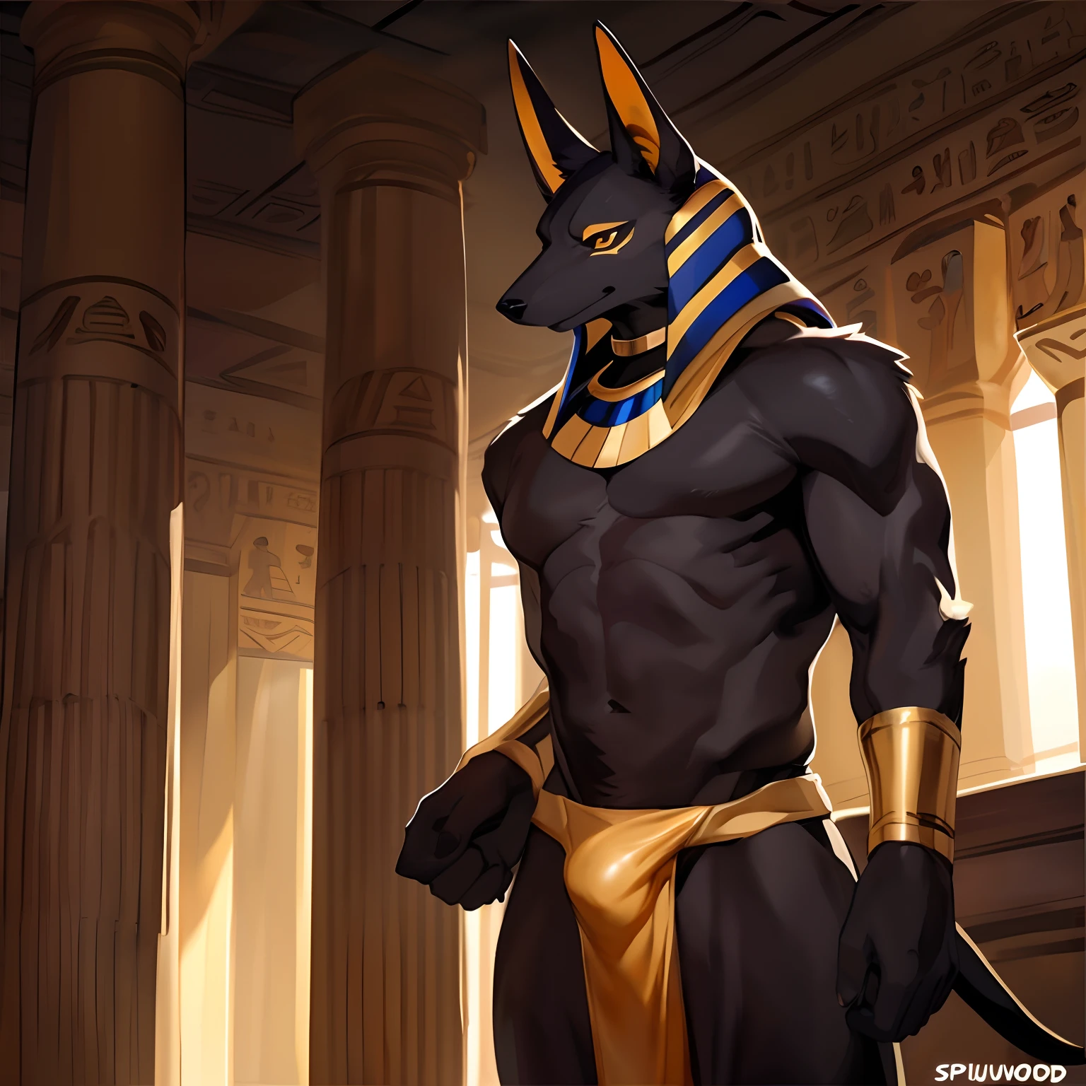 (perfectly detailed anatomy, best quality, masterpiece), solo, 1male, jackal, black furs, Anubis, loincloth, bulge, skinny muscle, kemono, short tail, in the egyptian hall, by Bebebebebe, by SpiritD, by Chunie