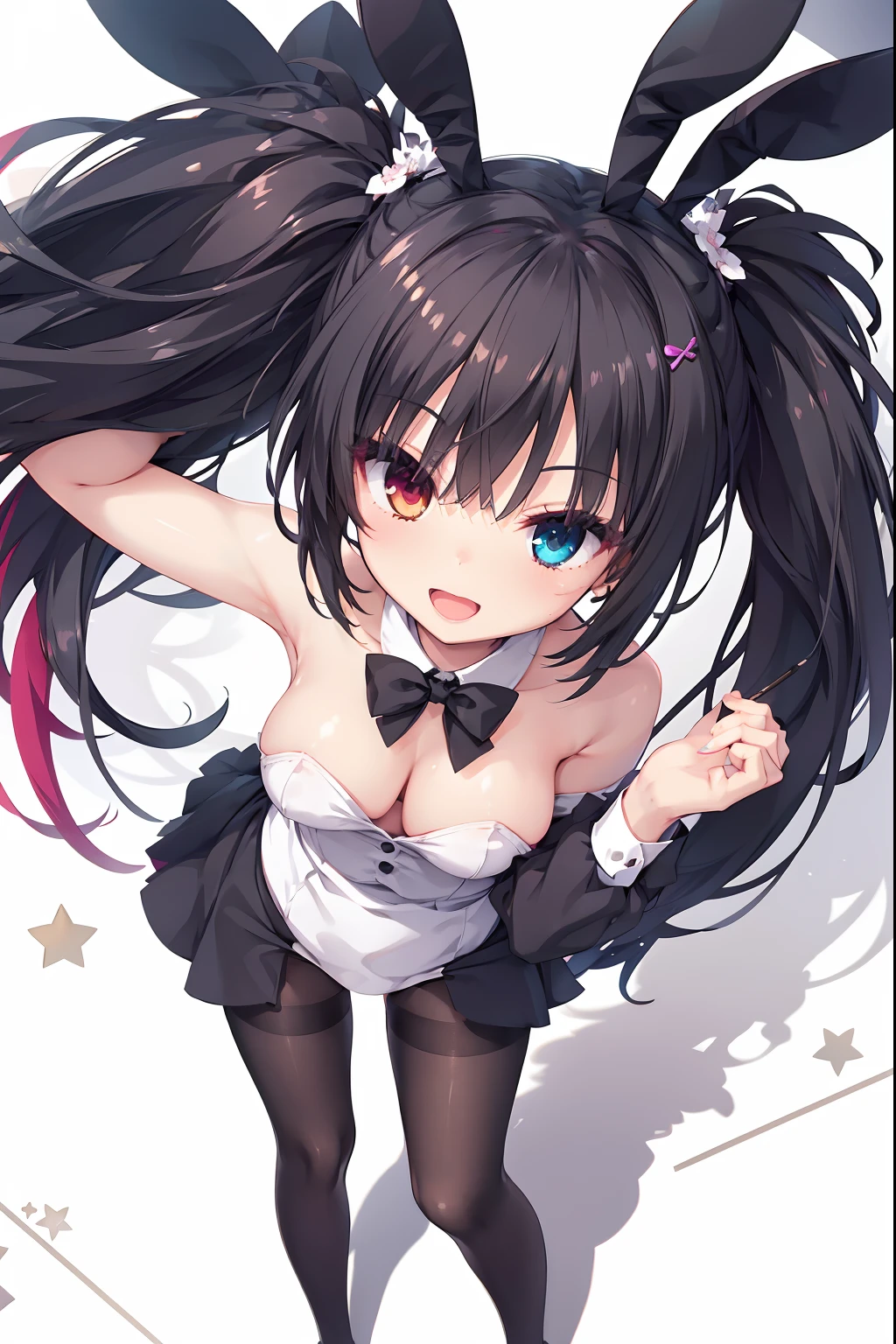 tiny girl,Colossal tits,Smile with open mouth,A dark-haired,Twin-tailed,Bunny Costume,Whip thighs,hair adornments,Heterochromia,White background,Black stockings,Top image quality,Best Quality