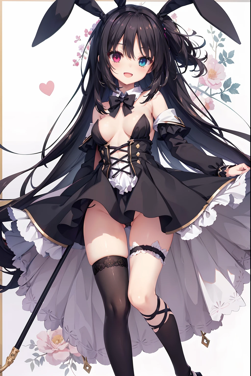 girl,Colossal tits,Smile with open mouth,A dark-haired,Twin-tailed,Bunny Costume,Whip thighs,hair adornments,Heterochromia,White background,Black stockings,Top image quality,Best Quality
