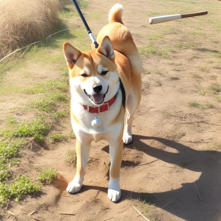 There is a small dog standing in the grass, shibu inu, Shiba Inu, shiba inu dog, japanese dog, anthropomorphic shiba inu, shrine maiden, shiba inu holding a baseball bat, koda kazuma, Imari, Misty, shiba inu face, hikari, shiba inu portrait
