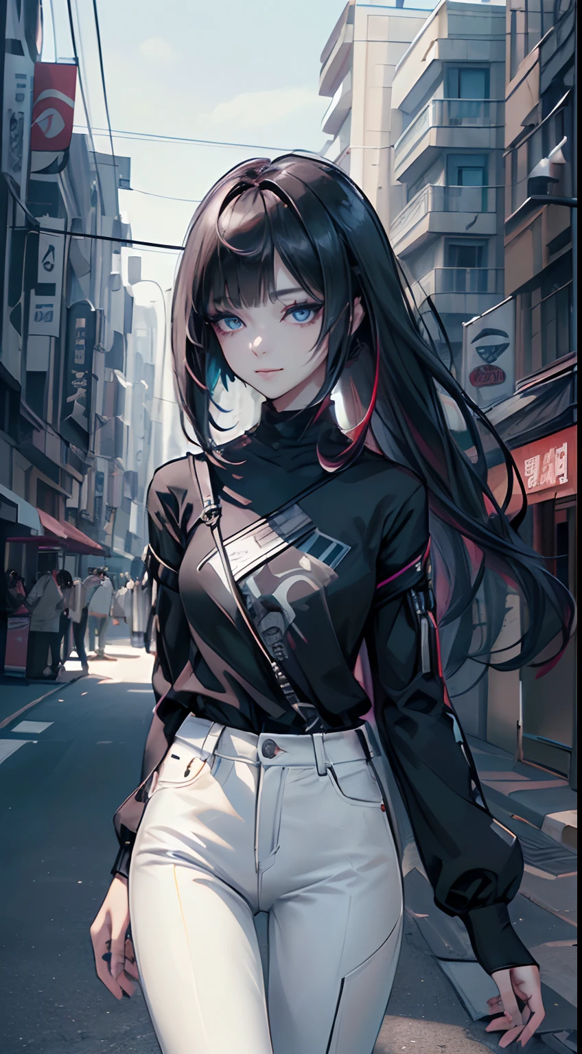 ((4K works))、​masterpiece、(top-quality)、1 beutiful girl、Slim body、tall、((Black Y-shirt and white pants、Charming street style))、(Detailed beautiful eyes)、Midnight Night、((Pitch-black intersection))、Stroll through fashionable intersections、((Face similar to Carly Rae Jepsen))、((Long boyish red hair))、((Smaller face))、((Neutral face))、((Bright blue eyes))、((American adult women))、((Adult female 26 years old))、((cool lady))、((Like a celebrity))、((Smiling expression))、((Korean Makeup))、((elongated and sharp eyes))、((Happy dating))、((boyish))、((Upper body photography))、((She is walking in front of the viewer))、Professional Photos、((Pitch black lighting))、((Black lighting))