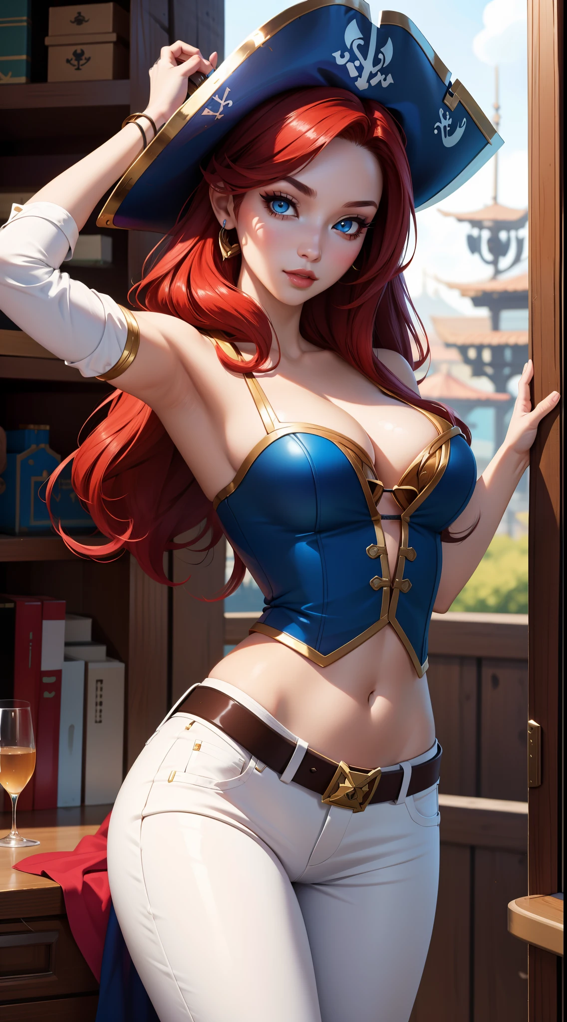 (masterpiece, best quality:1.2), intricate details, miss fortune \(league of legends\), 1girl, bare shoulders, pirate hat, white shirt, cleavage, pants