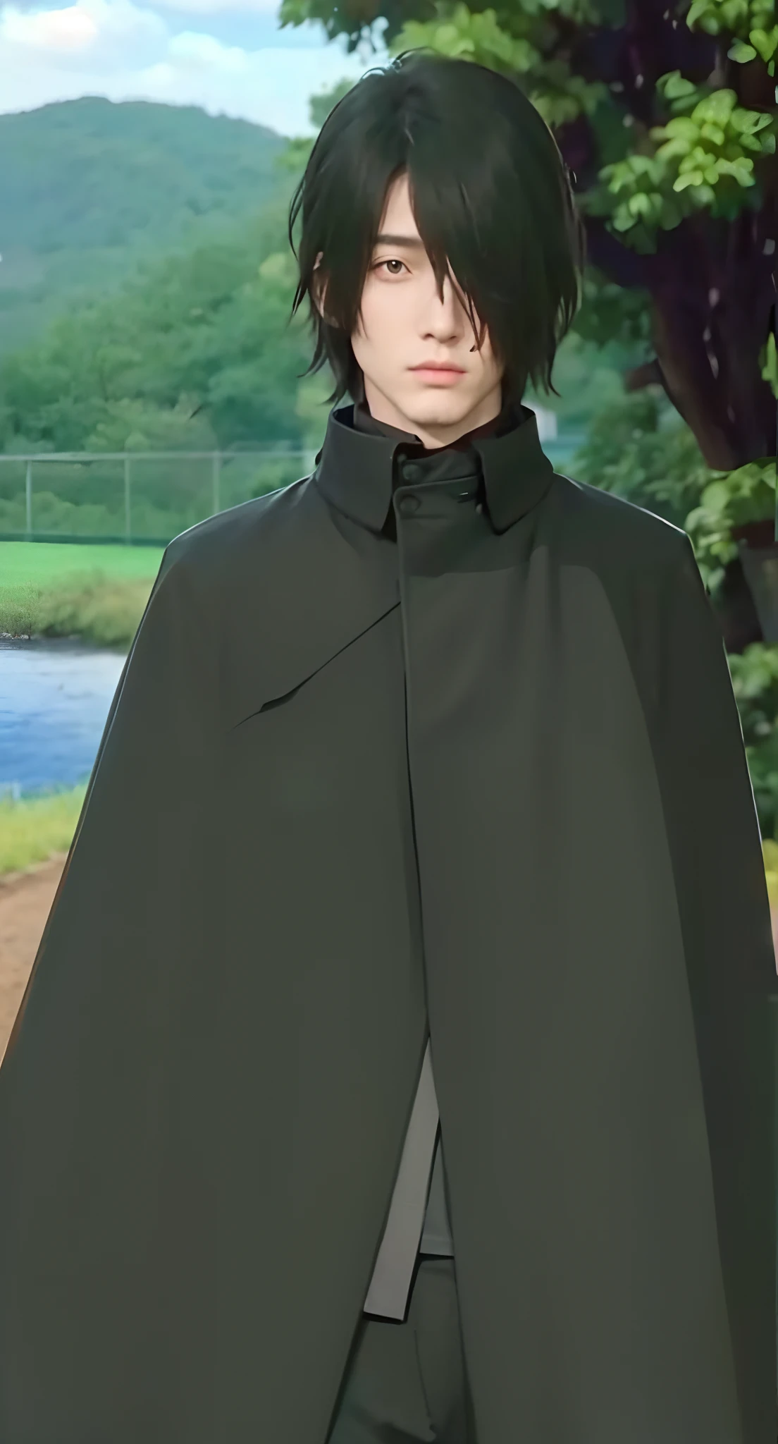 Real life adaption of this character, handsome,realistic same hair, (realistic same outfit wear realistic black coat), realistic same background , realistic light, realistic shadow, realism, hyper realistic,(photorealistic:1.2)