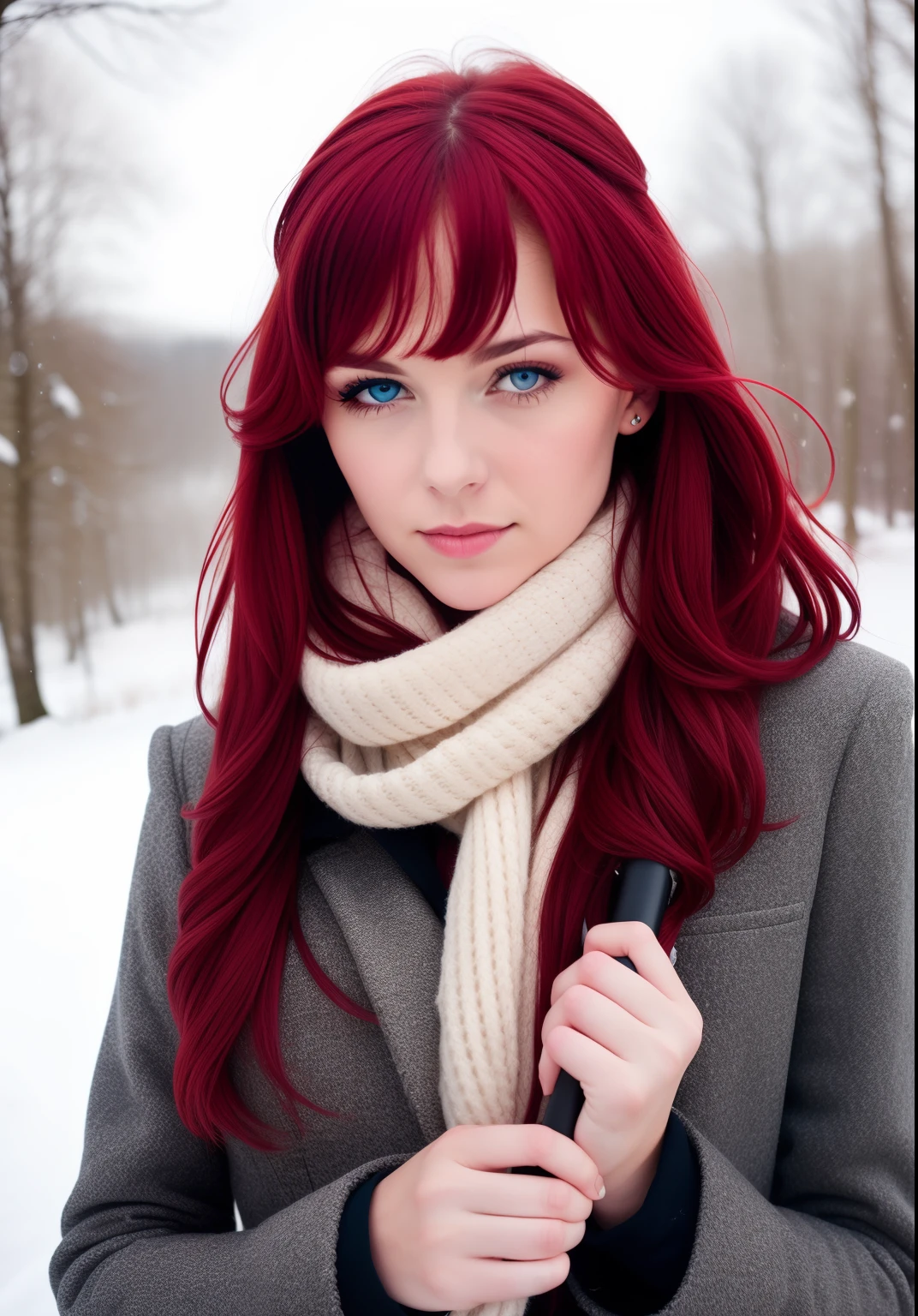 Stil, ModelShoot-Stil, Average color photo of a red-haired girl in the snow, blaue Augen,natural red hair,sexy,enganliegender Skizug,lange Beine,