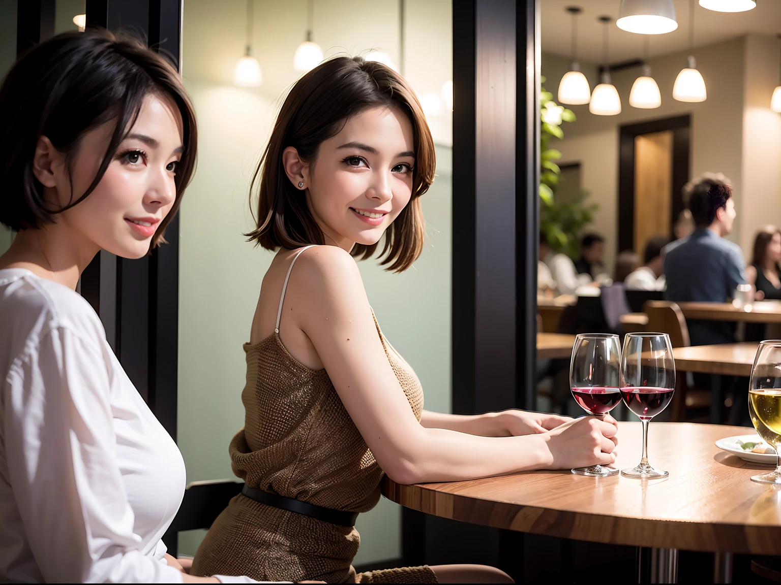 (64K, UHD, top quality, masterpiece: 1.2), (realistic, photorealistic: 1.37), super detailed, pretty woman 1 person, (slim face), (slim body), (brown hair), (short cut), cheeks slightly blushing, (41 years old), 38 years old, solo, outside the window is a beautiful detailed urban night view, restaurant, wine glasses sit, at night, in a prominent place (from the waist up) NovaFrogStyle, Actress, Model, Waist Up, White Wine, Slim, Wine Glass, Super Clean Night View, Wine Glass Put in the Middle, Happy Smile, (Smile: 1.15), Beautiful Fine Eyes, Upper Body, Bust Japan Up, Night, Short, Short, Actress, Model, Waist Up, White Wine, Slim, Wine Glass, Super Clean Night View, Wine Glass Put in the Middle, Happy Smile,