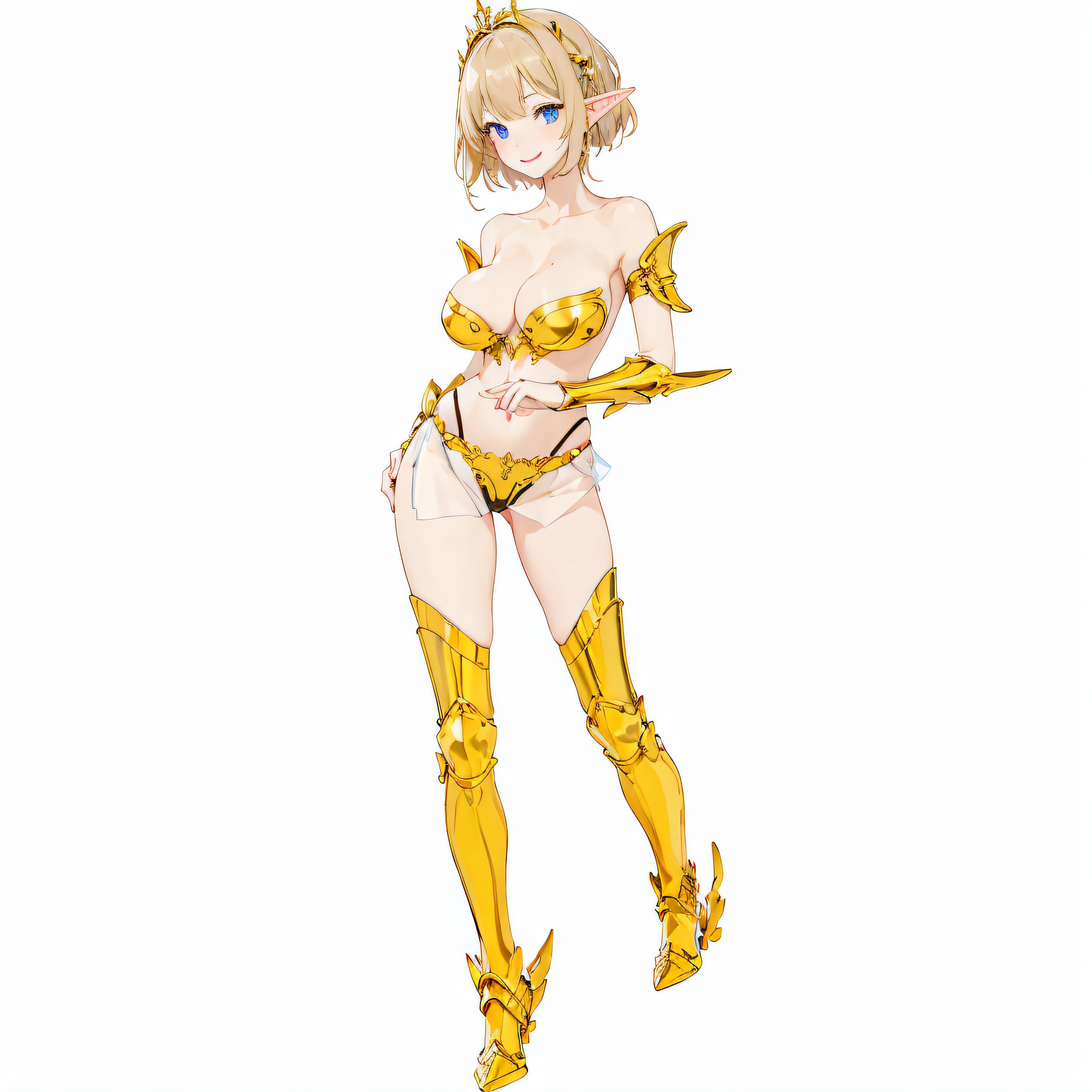 masterpiece、top-quality、ighly detailed、hight resolution、16k、fullnude、teats、Boob proportions、golden armour、Very thin skirt、Full body like、Very white skin、Beautiful fingers、Anime girl with very big breasts posing naked、Perfect Style、elvish、no-bra、Blonde blue-eyed、A smile、An elf girl