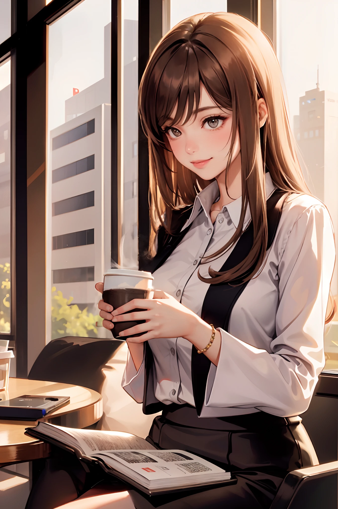 1lady sitting, reading book, holding coffee cup, office worker outfit, /(brown hair/) bangs, light smile, (masterpiece best quality:1.2) delicate illustration ultra-detailed BREAK /(modern office indoors/), (at dusk)