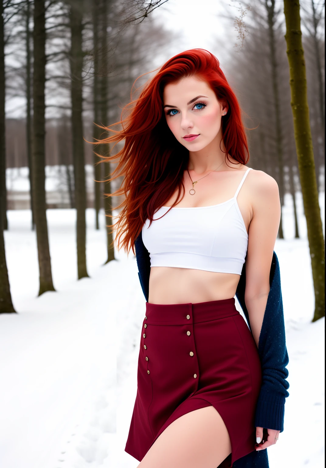 Stil, ModelShoot-Stil, Average color photo of a red-haired girl in the snow, blaue Augen,natural red hair,sexy,enganliegender Skizug,lange Beine,supersexy pose