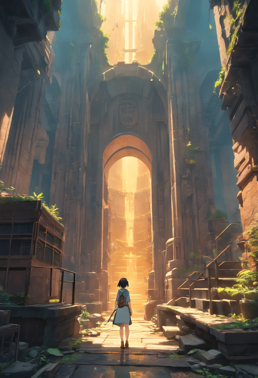 (​masterpiece)、Vast Ancient Dungeon、(Dilapidated landscape)、megastructure、([bastien lecouffe deharme|Casper David Friedrich ]:1.2)、(Unrealistic Engine Rendering、Photorealistic painting、photorealisim:1.2)、(mystical)、girl with、Faraway view