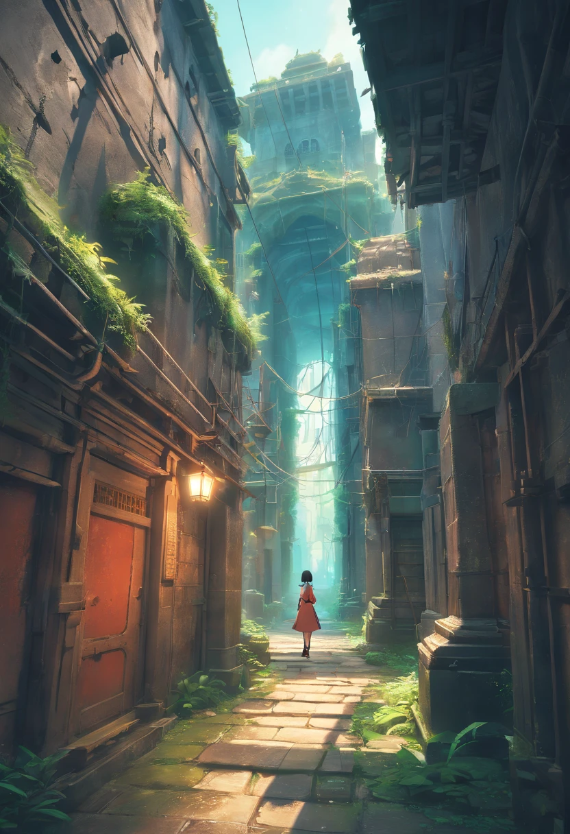 (​masterpiece)、Vast Ancient Dungeon、(Dilapidated landscape)、megastructure、([bastien lecouffe deharme|Casper David Friedrich ]:1.2)、(Unrealistic Engine Rendering、Photorealistic painting、photorealisim:1.2)、(mystical)、girl with、Faraway view