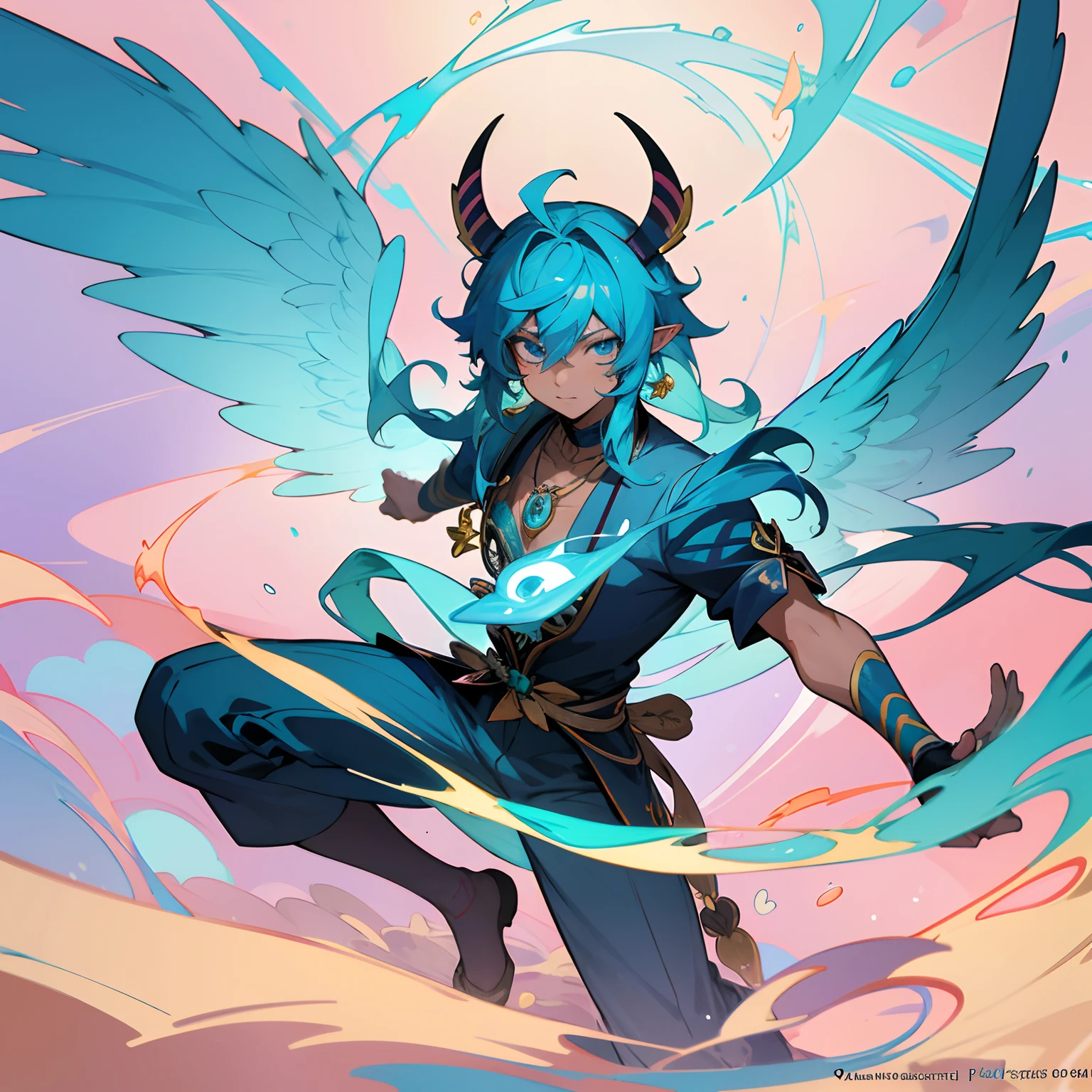 anime tribal male with azure long hair, tanned skin, colored lineart, coloured lineart, full body concept, coloured line art, 2d anime style, as an atlantean, fully colored, inspired by Okumura Masanobu, turquoise eyes, long elf ears, large azure feathered wings, golden necklace, style of Genshin Impact, digital art on pixiv, splash art anime, digital anime illustration, anime art wallpaper 4 k, anime art wallpaper 4k, anime art wallpaper 8 k, anime styled digital art