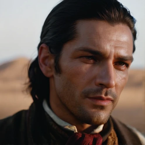 A man with shoulder-length black hair he has swept back. Black stubble. Mid-thirties. Half of his face has claw mark scars. ,Red Dead Redemption,A man with shoulder-length black hair he has swept back. Black stubble. Mid-thirties. Half of his face has claw mark scars. ,close up, face