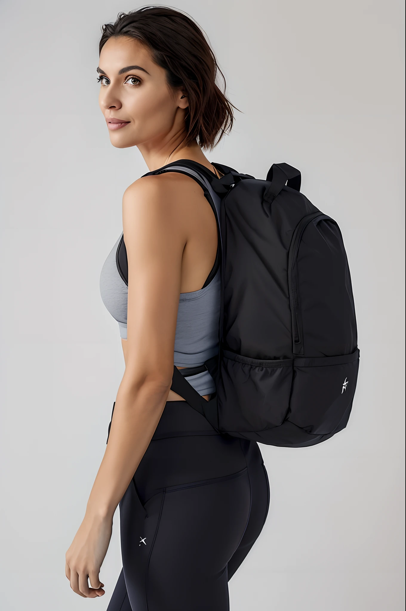 A woman in a sports bra top and black pants carrying a black backpack, com uma mochila, uma mochila, Minimalista moderno F 2 0 limpo, mochila, Minimalista moderno F 2 0, F / 2 0, o homem tem uma mochila, saco sobre a cintura, F32, F 3 2, F / 3 2, por Randy Post, F/2 8