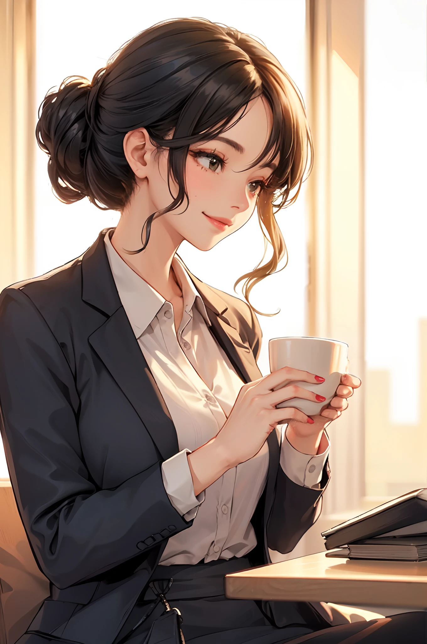 1lady sitting, reading book, holding coffee cup, office worker outfit, /(black hair/) bangs, light smile, (masterpiece best quality:1.2) delicate illustration ultra-detailed BREAK /(modern office indoors/), (at dusk)