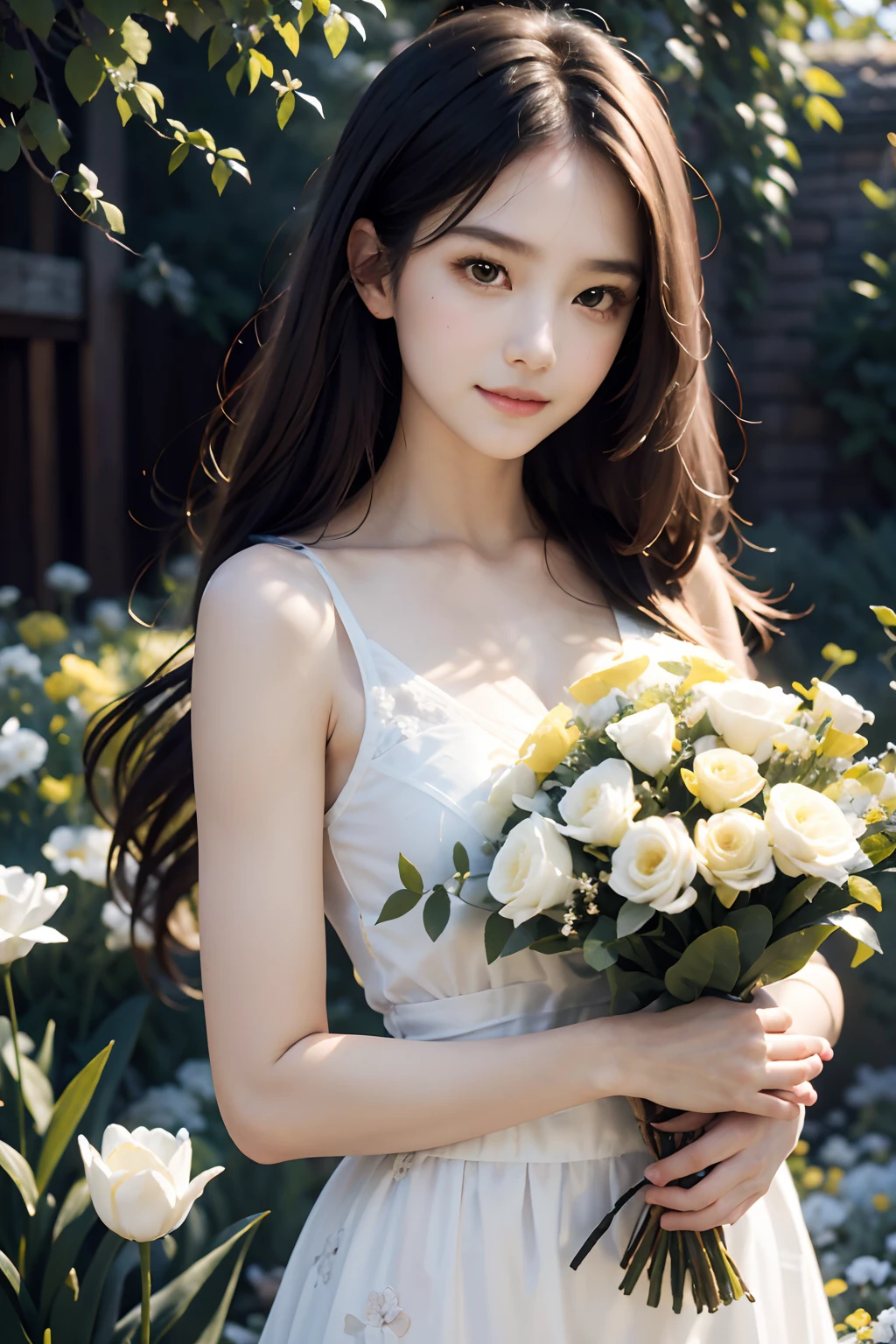 highres, detailed portrait, girl with beautiful dark brown eyes, flowing blonde hair, wearing a floral dress, standing in a sunlit garden, surrounded by vibrant flowers, holding a bouquet of roses and tulips, a gentle breeze rustling through her hair and dress, soft and warm sunlight casting a golden glow on her face and the garden, the girl has a joyful and serene expression, creating a sense of tranquility and happiness, the garden is filled with various shades of green and colorful blossoms, creating a lively and enchanting atmosphere, the artwork is rendered in a realistic style with sharp focus and vivid colors, capturing every intricate detail of the girl's features and the garden scenery.