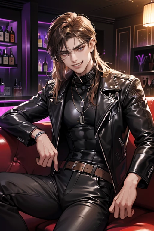 1boys,Young male,Perfect male body,Sexy adult male:1.3, Look at the camera,(Long wavy brown hair, very dark skin, black leather jacket, black leather pants, no shirt, stylish and sexy menswear, metal necklace, Sit on the couch in a modern bar, Modern clothes, Evil smile,grin),show bare chest, indoor, ("Nightclub" theme:1.3)