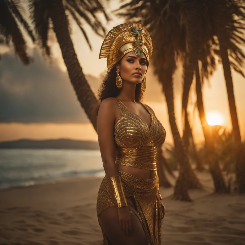 best quality, portrait of a beautiful, curvy woman with green eyes, in futuristic headdress inspired by an ancient egypt king and Cleopatra, Tutankhamun, normal skin, some pores in the skin are visible, snake, gold, silver, stones, scarab beetle, microchips, integrated electric circuits, cabels, electric glow, retro futurism, beach in sunset, warm glowing sunset, palm trees, mecha-girl, human machine integration, long skirt in gold, in her hand she is holding a golden spire, posing by a palm tree