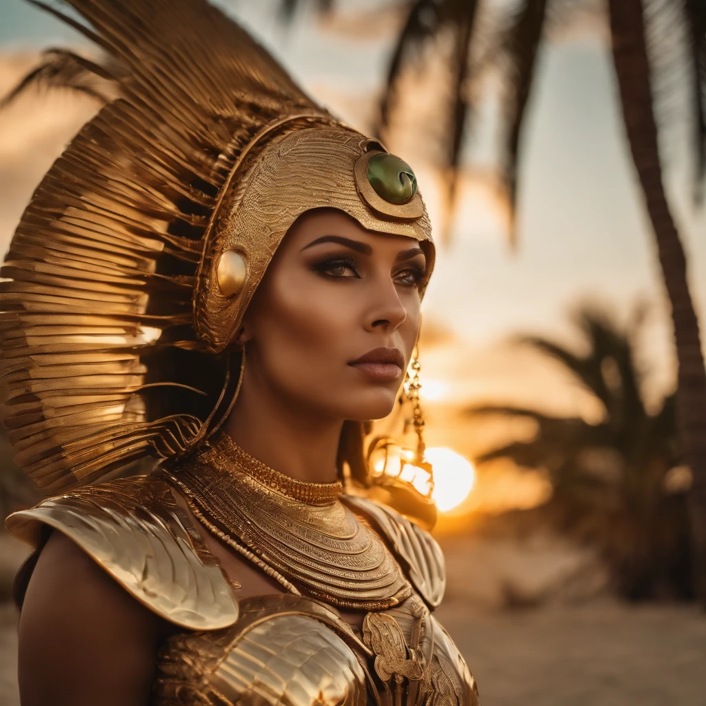 best quality, portrait of a beautiful, curvy woman with green eyes, in futuristic headdress inspired by an ancient egypt king and Cleopatra, Tutankhamun, normal skin, some pores in the skin are visible, snake, gold, silver, stones, scarab beetle, microchips, integrated electric circuits, cabels, electric glow, retro futurism, beach in sunset, warm glowing sunset, palm trees, mecha-girl, human machine integration, long skirt in gold, in her hand she is holding a golden spire, posing by a palm tree