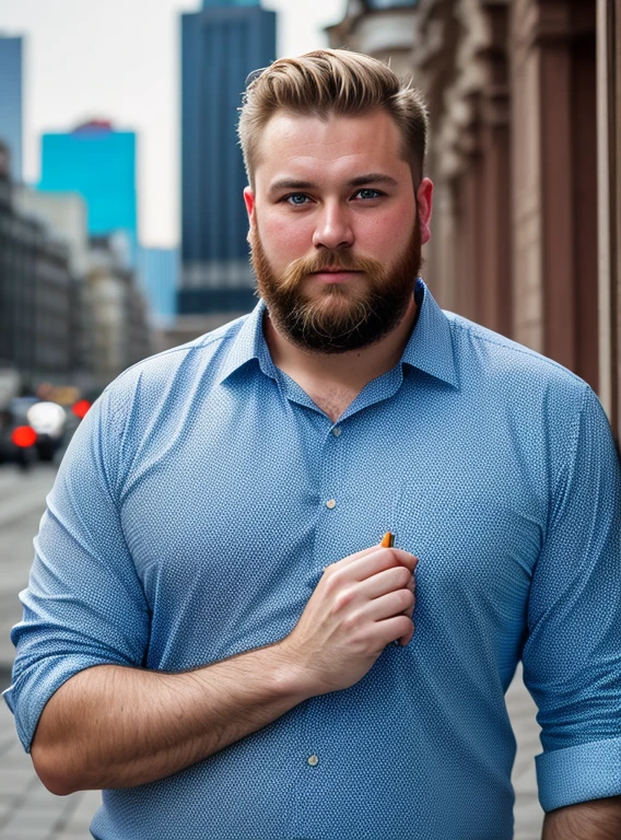 russian man,overweight,short hair,Beard,blonde,bright blue eyes,detailed face, unbottoned shirt showing a very hairy body, contrast complex moskou city background,hyperrealistic,highly detailed,cinematic lighting,
realistic photo,documentary film frame,realistic lighting,realistic effects,sepia,