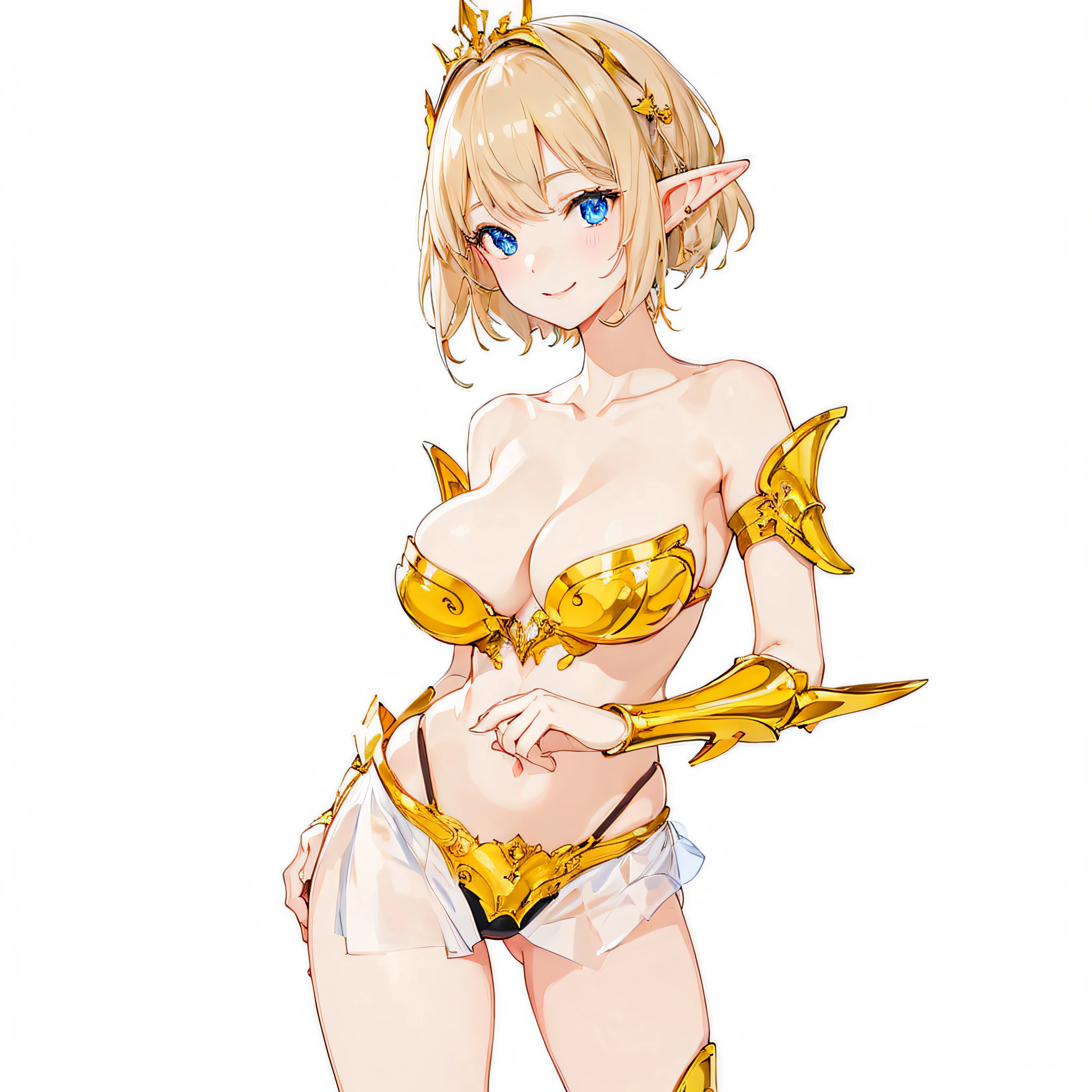 masterpiece、top-quality、ighly detailed、hight resolution、16k、fullnude、teats、Boob proportions、golden armour、Very thin skirt、Full body like、Very white skin、Beautiful fingers、Anime girl with very big breasts posing naked、Perfect Style、elvish、no-bra、Blonde blue-eyed、A smile、An elf girl