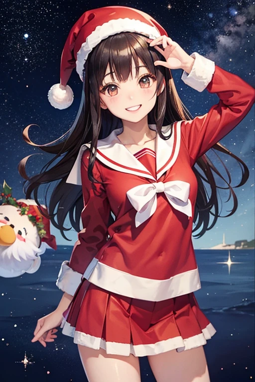 Smiling dark-haired girl in sailor suit with Santa Claus hat